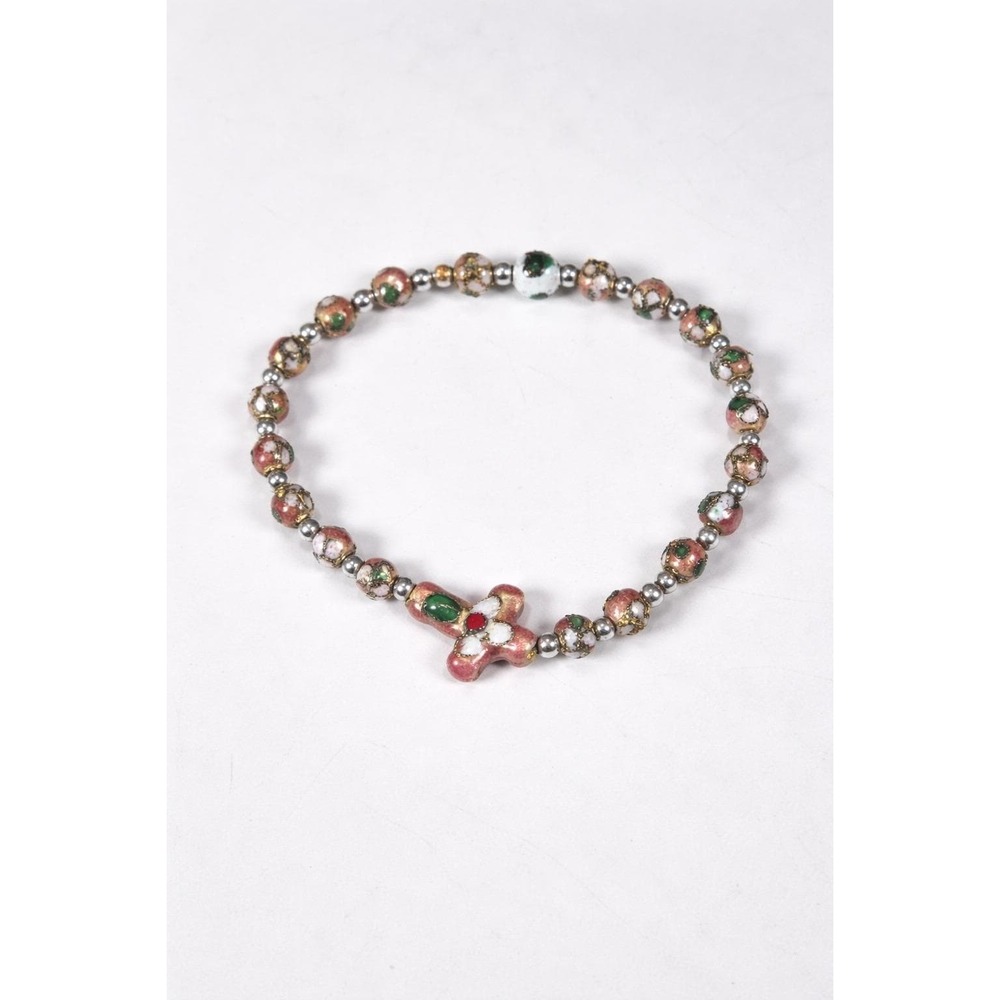 Vintage Mcvan Enamel Beaded Bracelet Floral Charm Pink Green